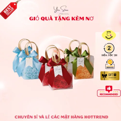 Túi Quà Trong Suốt Dáng Vuông Tặng Kèm Nơ, Trang Trí Giỏ Quà Tặng, Decor Hoa, Trái Cây, Quà Handmade